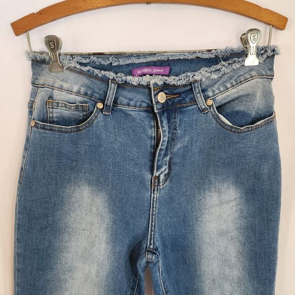 BAMBOO JEANS Blue Distressed Stretch Jeans High Waisted Straight Leg Size 7/8 - Picture 2 of 7
